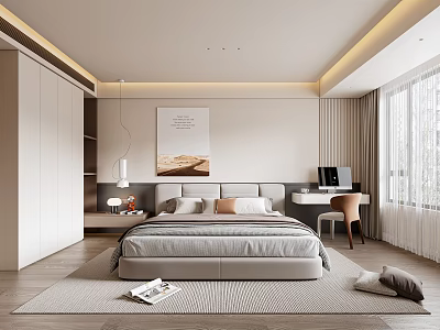 Modern Bedroom Interior Design With Comfortable Bed Writing Desk Chair Light Curtains And Wall Artwork 3d model