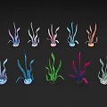 Colorful Artificial Aquatic Plants in Various Shades Arranged on Black Background