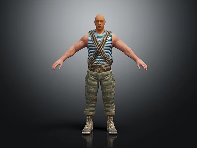 Bald Man in Blue Striped Tank Top with Camouflage Pants Hands by Sides Dark Background 3d model
