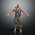 Bald Man in Blue Striped Tank Top with Camouflage Pants Hands by Sides Dark Background
