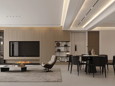Modern Living and Dining Room Interior Design With TV Bookshelf Sofa Dining Table And Chairs 3d model