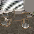 Various Stylish Wooden Chairs With Cushions On Hexagonal Tile Floor And Window Blinds