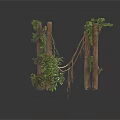 Modern Natural Wooden Posts Structure Featuring Climbing Vines And Green Leaves