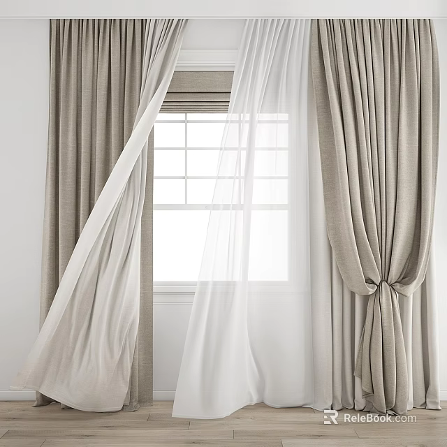 Elegant Beige Curtains With Sheer White Panels For Modern Window Decoration 3d model 