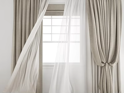 Elegant Beige Curtains With Sheer White Panels For Modern Window Decoration 3d model