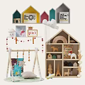 Colorful Stuffed Dolls in Baby Nursery with Wooden House Swing and Rainbow Decor