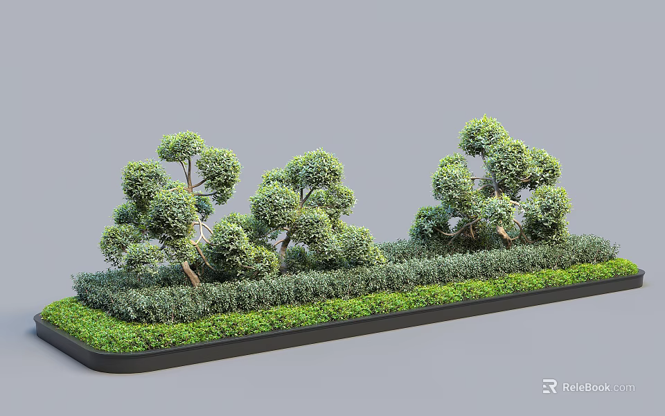 Roadside Greenery Facilities With Neatly Trimmed Shrubs And Ornamental Trees Design 3d model 