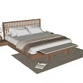 Double Bed with Wooden Slatted Headboard White Pillows Beige Blanket Bench Side Table and Vase