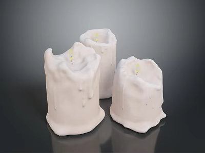 Three White Candles With Melted Wax For Home Furniture Decoration 3d model