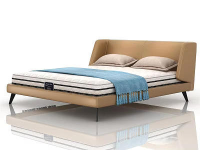 Modern Double Bed With Leather Headboard Light Gray Pillows And Blue Tassel Blanket 3d model