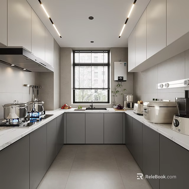 Modern Kitchen Interior With Grey Cabinets White Countertops Window And Appliances 3d model 