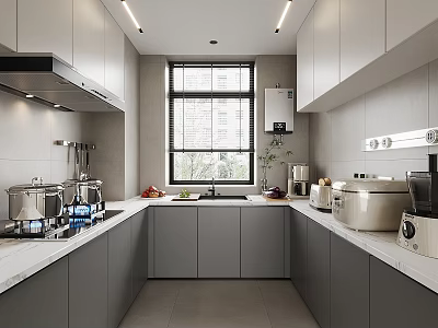 Modern Kitchen Interior With Grey Cabinets White Countertops Window And Appliances 3d model