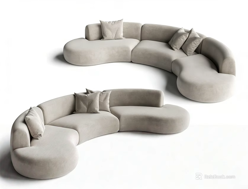 Light Gray Curved Sofa With Modern Design And Plush Decorative Pillows 3d model 