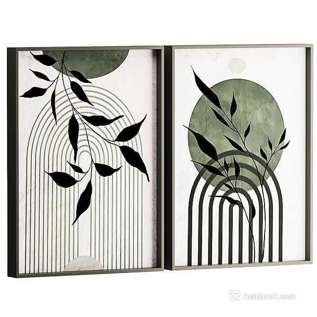 Two Piece Picture Frames With Green Circles Black Leaves Arched Lines And Vertical Stripes 3d model 