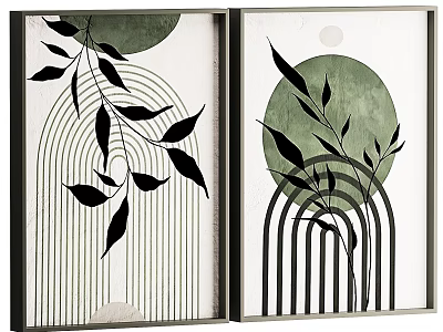Two Piece Picture Frames With Green Circles Black Leaves Arched Lines And Vertical Stripes 3d model