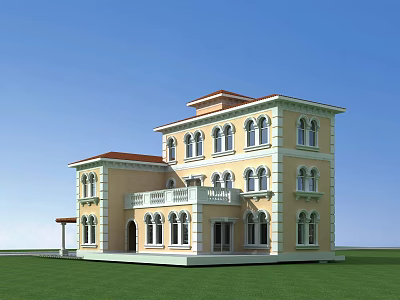 Detached Villa With Yellow Exterior Red Roof Balcony Multiple Windows And Green Lawn 3d model