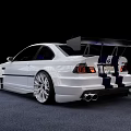 White BMW Sporty Modified Car With Black Stripes Large Wheels And Rear Spoiler