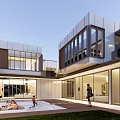 Modern Detached Villa Exterior Design With Glass Facade Lawn Swimming Pool And Lighting