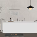 White Freestanding Bathtub in Minimalist Bathroom with Black Faucet Towel Rack and Toiletries