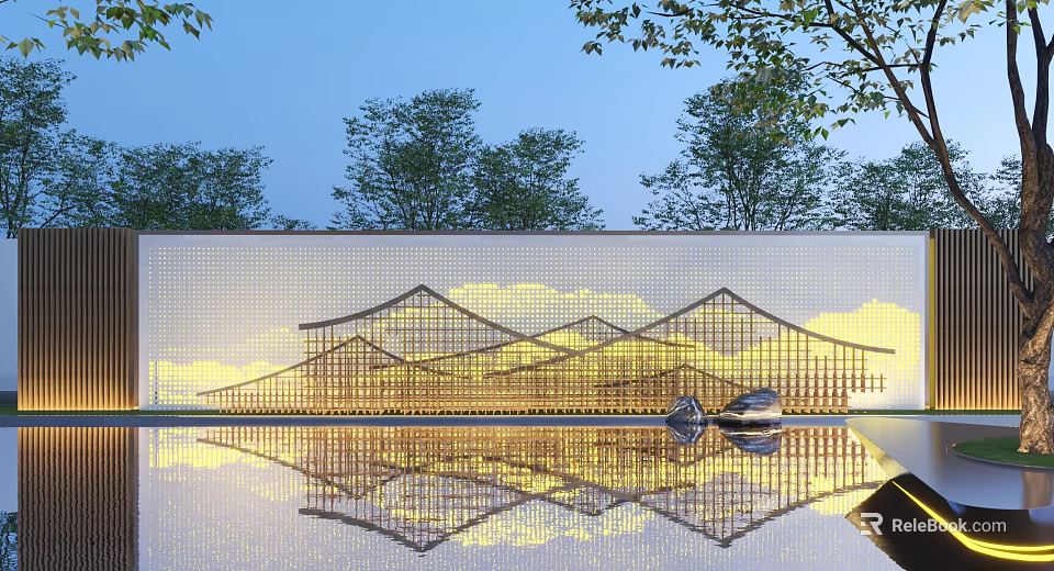 Illuminated Scenic Feature Wall With Mountain Inspired Geometric Structure And Water Reflection 3d model 