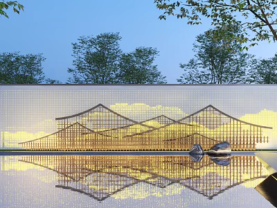 Illuminated Scenic Feature Wall With Mountain Inspired Geometric Structure And Water Reflection 3d model
