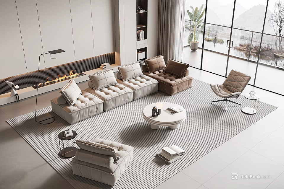 Modern Living Room Sofa Coffee Table Set With Striped Rug And Armchair 3d model 