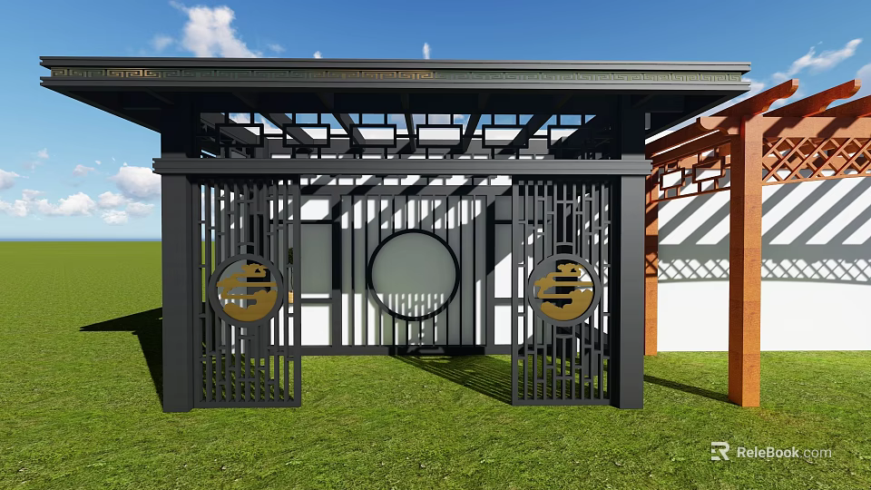 Pergola Design With Black Metal Frame Circular Decorative Panels And Green Lawn 3d model 
