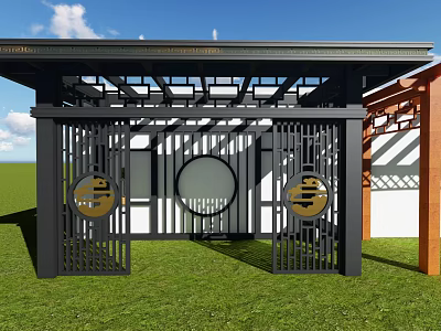 Pergola Design With Black Metal Frame Circular Decorative Panels And Green Lawn 3d model