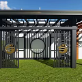 Pergola Design With Black Metal Frame Circular Decorative Panels And Green Lawn