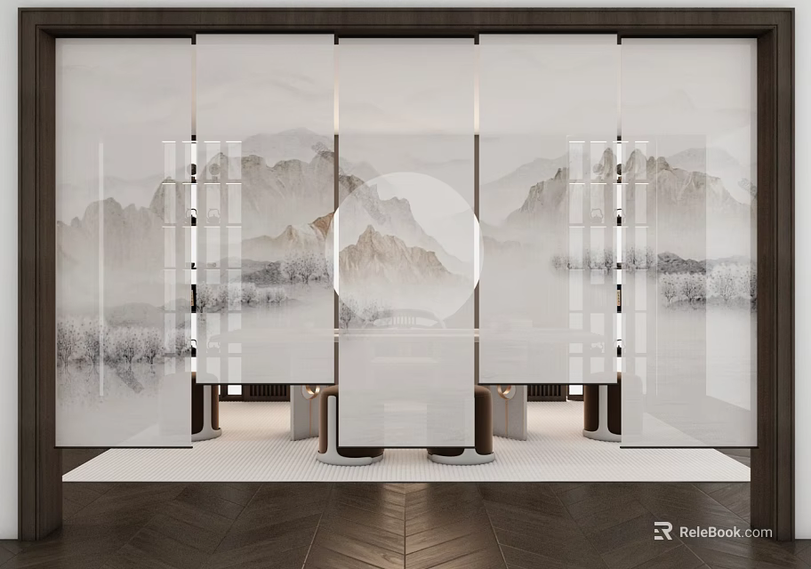 Modern Roman Blinds With Chinese Landscape Pattern For Elegant Interior Design 3d model