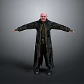 Bald Man In Long Dark Coat Standing With Arms Outstretched Against Neutral Background