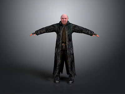 Bald Man In Long Dark Coat Standing With Arms Outstretched Against Neutral Background 3d model