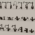 Assorted Brass Faucet Styles Displayed on Multiple White Shelves in Showroom