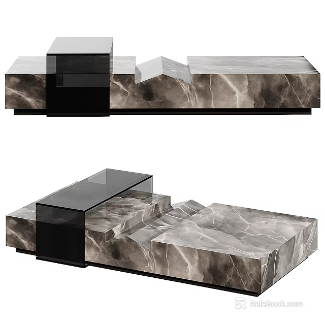 Modern Coffee Table With Marble Surface Black Frame And Geometric Base Design 3d model 