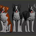 Three Low Poly Dog Characters With Red Black And Gray Coats Standing Together
