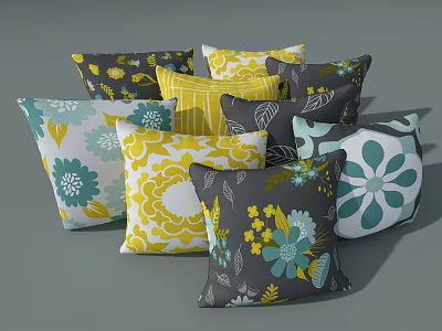 Decorative Throw Pillows With Yellow Gray Blue Floral Patterns And Designs 3d model