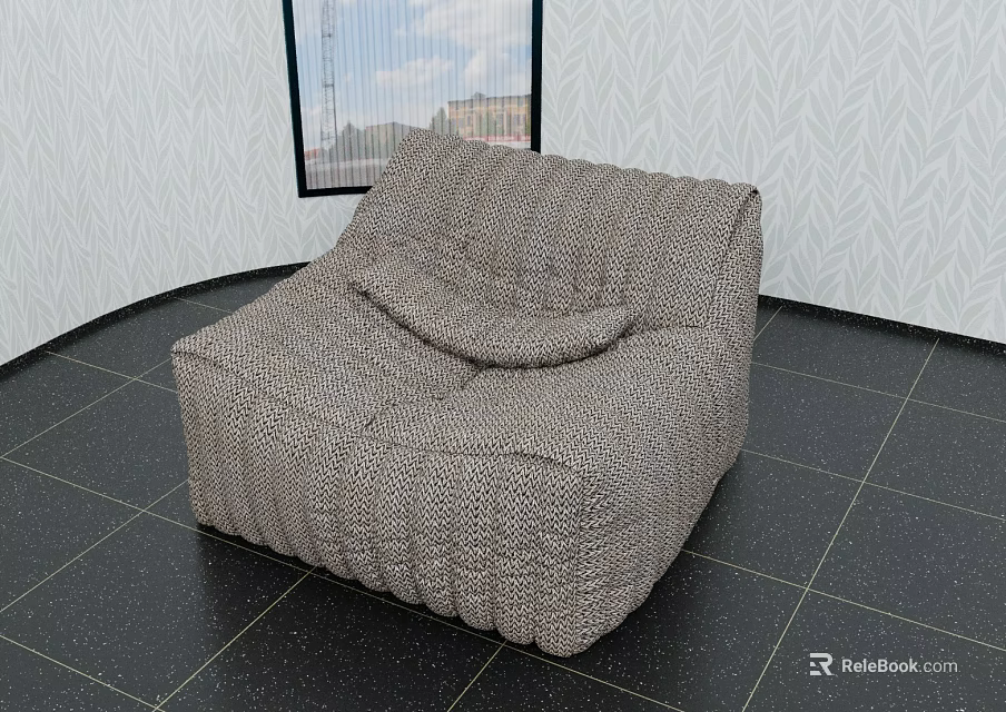 Woven Brown Bean Bag Chair In Room With Black Tiles White Patterned Walls And Window 3d model 