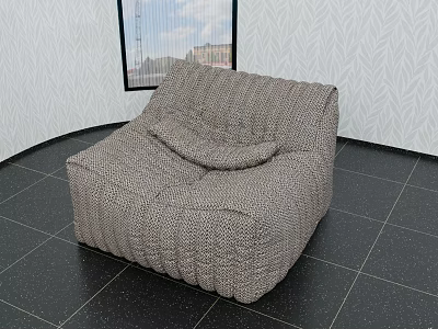 Woven Brown Bean Bag Chair In Room With Black Tiles White Patterned Walls And Window 3d model