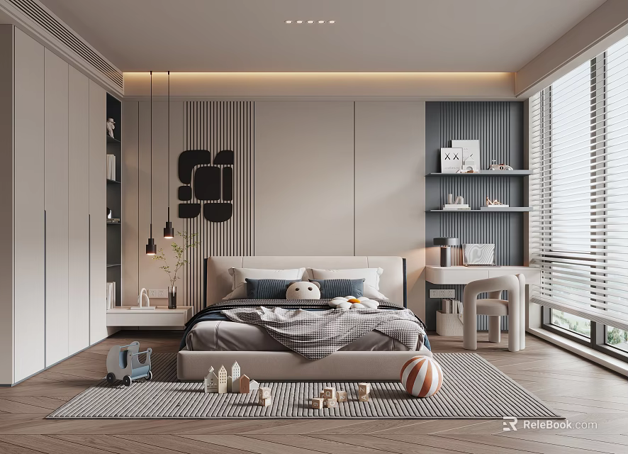 Modern Minimalist Kids Bedroom With Toys Cozy Bed And Natural Light 3d model 