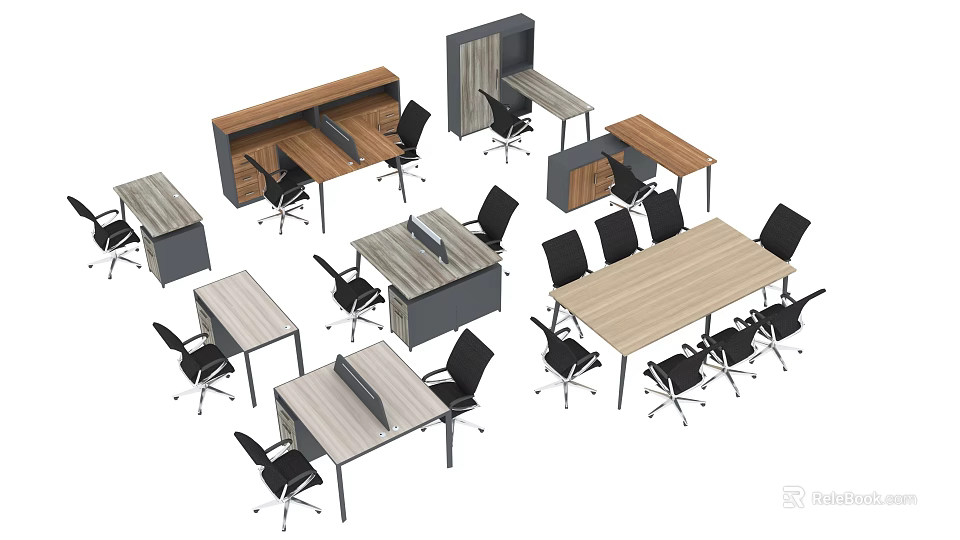 Modern Office Desks In Diverse Styles With Wooden Tops And Black Office Chairs 3d model 