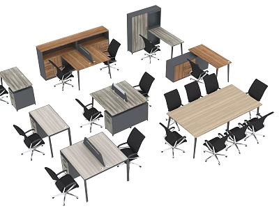 Modern Office Desks In Diverse Styles With Wooden Tops And Black Office Chairs 3d model