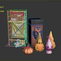 Halloween Decorative Scene With Metal Shelf Boxes And Colorful Pumpkin Ornaments