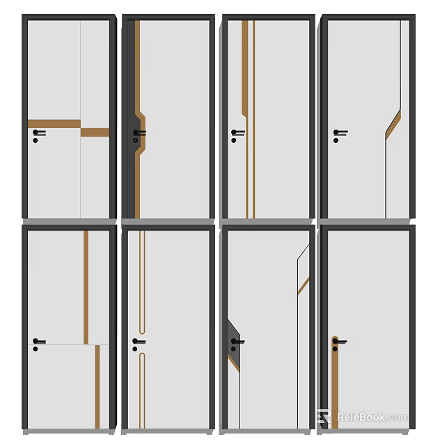 Modern Swing Door Designs With White Panels Brown Accent Lines And Black Frames 3d model