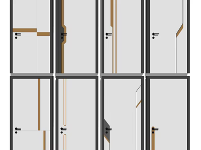 Modern Swing Door Designs With White Panels Brown Accent Lines And Black Frames 3d model
