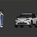Cartoon Racer Character In Racing Suit Standing By White Car With Graphics And Alloy Wheels