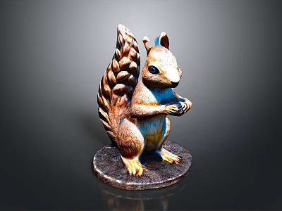 Squirrel Sculpture Carving With Detailed Craftsmanship Standing Pose Fluffy Tail And Holding Nut 3d model