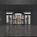 Modern Building Entrance With Revolving Door Black Ceiling Gray Walls And Marble Floor