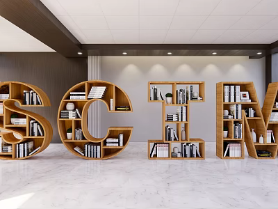 Unique SCIENCE Letter Shaped Bookcases Filled With Books In Spacious Modern Room 3d model