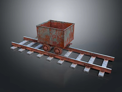 Old Rusted Metal Mine Cart Placed On Railway Track With Wooden Sleepers 3d model