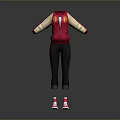 Stylish Casual Outfit Red Jacket With Beige Sleeves Black Pants And Pink Sneakers